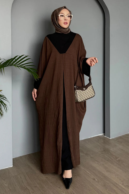 Modest 3-Piece Brown Abaya Co-Ord Set with Inner Dress & Outer Kimono