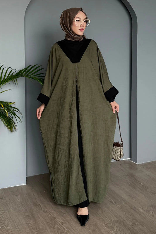 Modest 3-Piece Bottle Green Abaya Co-Ord Set with Inner Dress & Outer Kimono