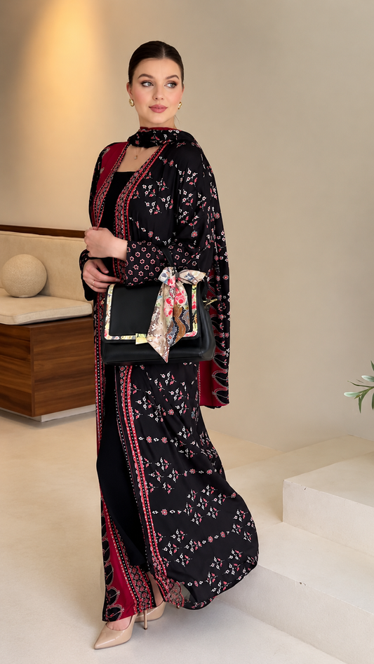 Premium Black Printed Shrug Abaya with Matching Dupatta