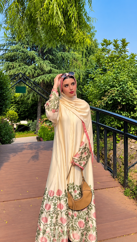 Premium Floral Border Printed Prayer Dress with Attached Hijab