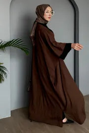 Modest 3-Piece Brown Abaya Co-Ord Set with Inner Dress & Outer Kimono