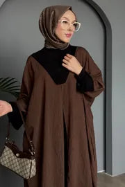 Modest 3-Piece Brown Abaya Co-Ord Set with Inner Dress & Outer Kimono