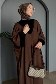 Modest 3-Piece Brown Abaya Co-Ord Set with Inner Dress & Outer Kimono