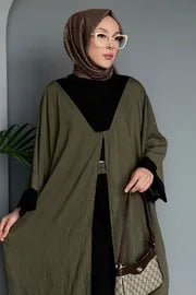 Modest 3-Piece Bottle Green Abaya Co-Ord Set with Inner Dress & Outer Kimono
