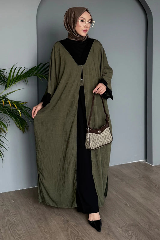 Modest 3-Piece Bottle Green Abaya Co-Ord Set with Inner Dress & Outer Kimono
