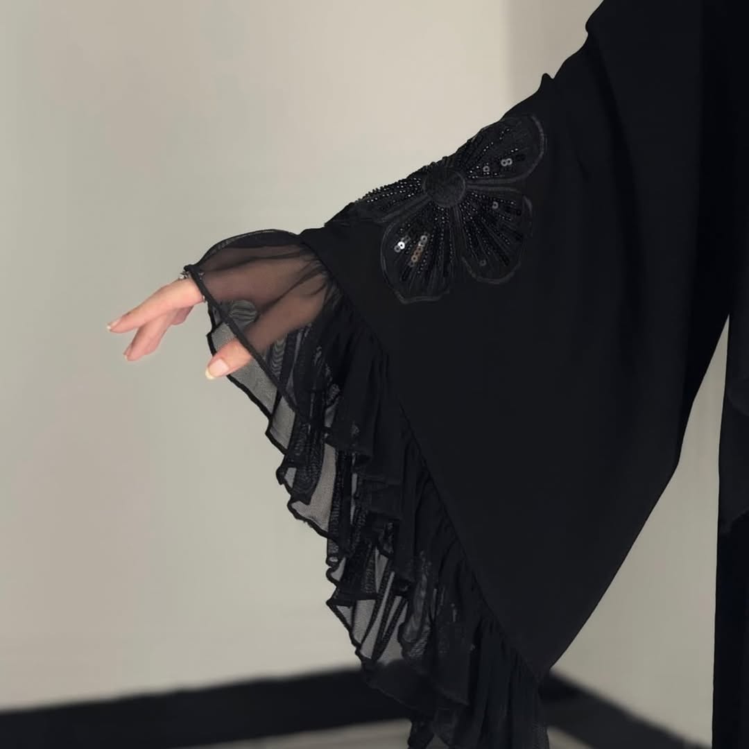 Black Abaya with Floral Sleeve Detailing  Premium Modest Collection