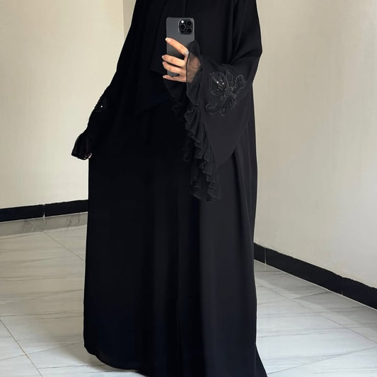 Black Abaya with Floral Sleeve Detailing  Premium Modest Collection