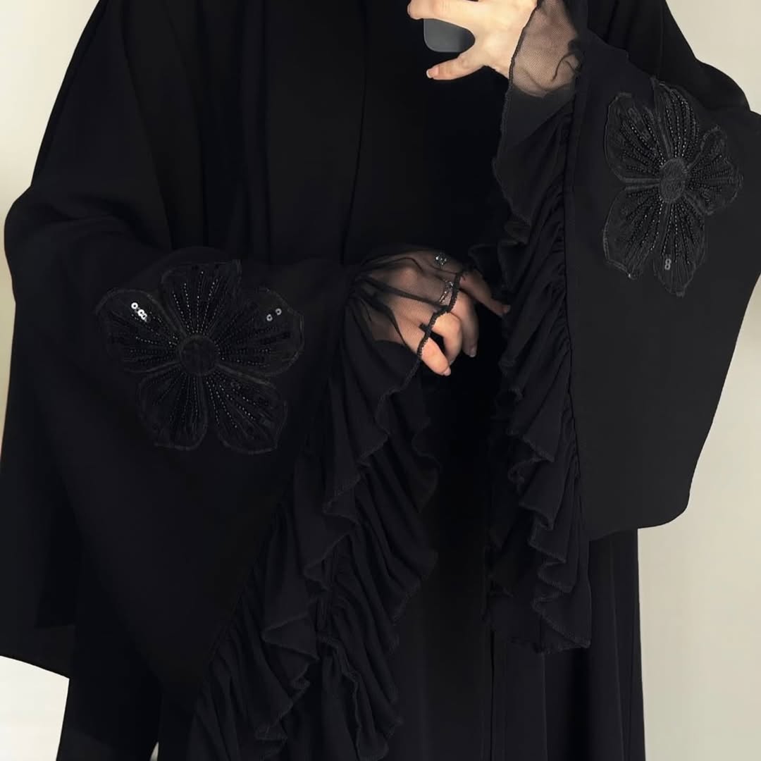 Black Abaya with Floral Sleeve Detailing  Premium Modest Collection