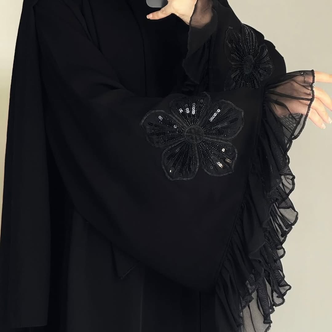 Black Abaya with Floral Sleeve Detailing  Premium Modest Collection