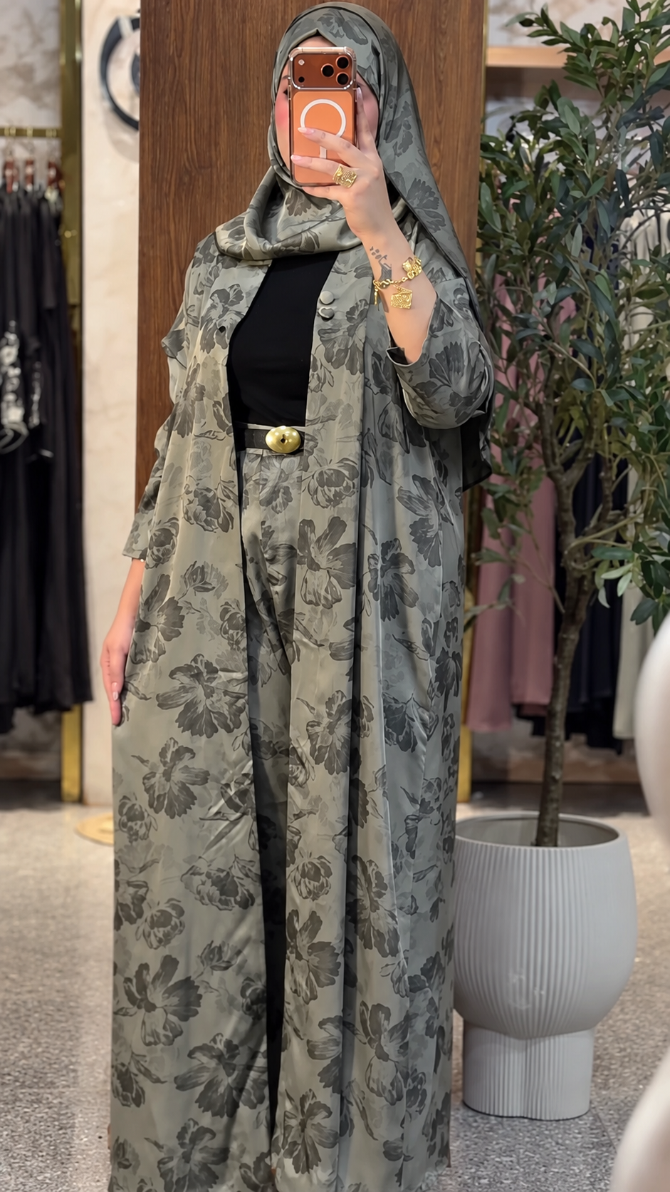 Premium Grey Floral Printed Shrug Set with Matching Pants & Hijab