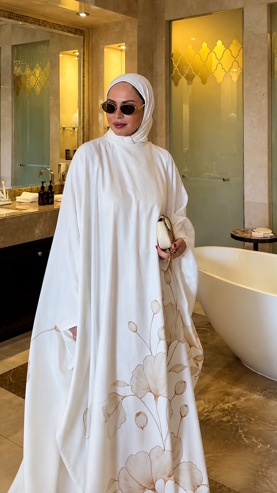 Premium White Floral Printed Butterfly Abaya