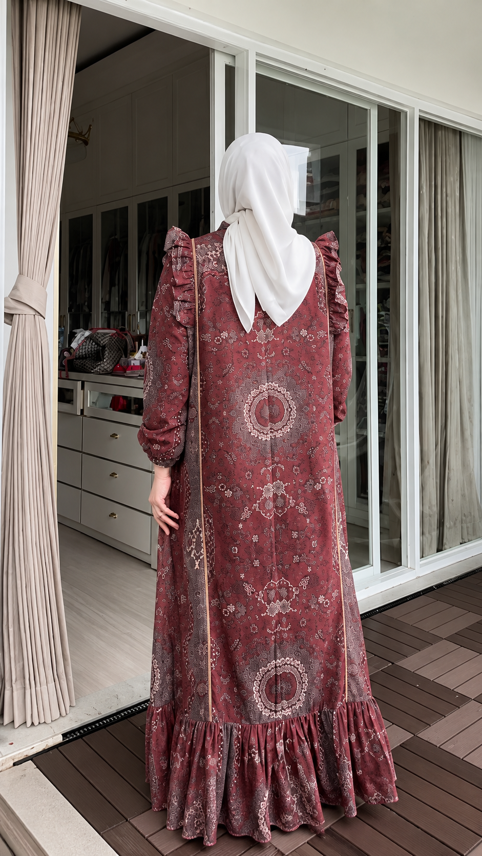 Premium Maroon Printed Frill Maxi Abaya Set