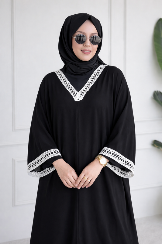 Elegant Black Butterfly Abaya with White Lace Detailing | Premium Modest Wear