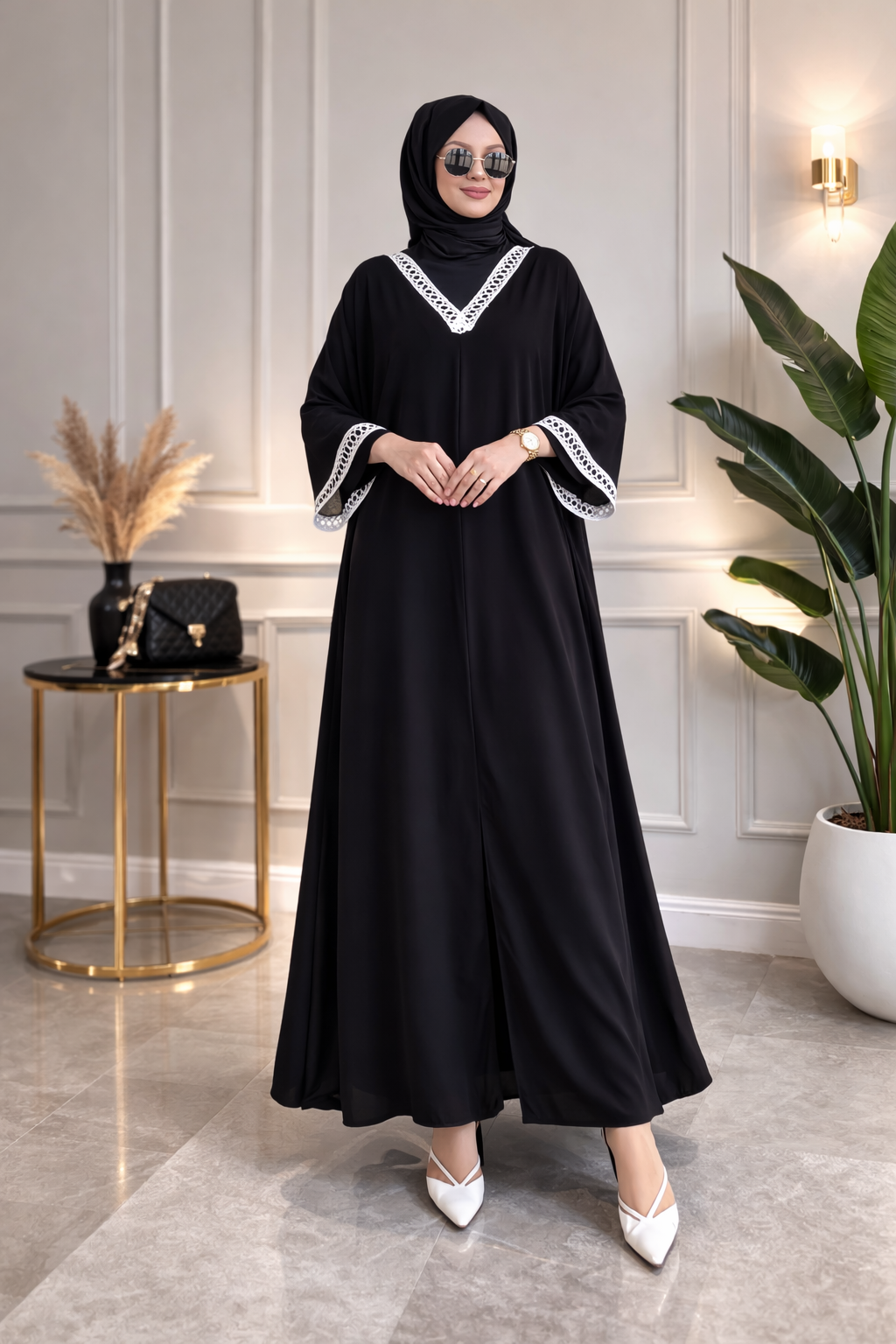 Elegant Black Butterfly Abaya with White Lace Detailing | Premium Modest Wear