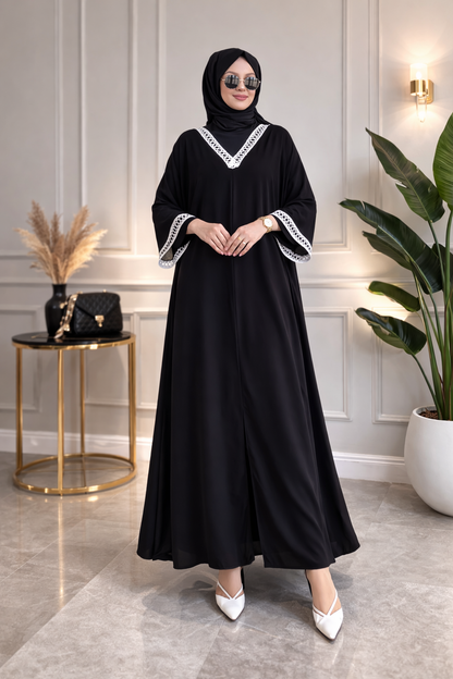 Elegant Black Butterfly Abaya with White Lace Detailing | Premium Modest Wear