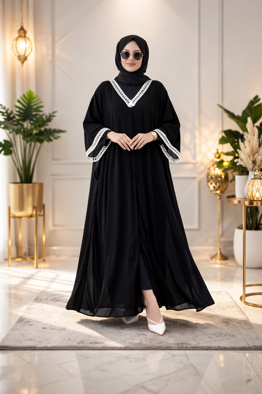 Elegant Black Butterfly Abaya with White Lace Detailing | Premium Modest Wear