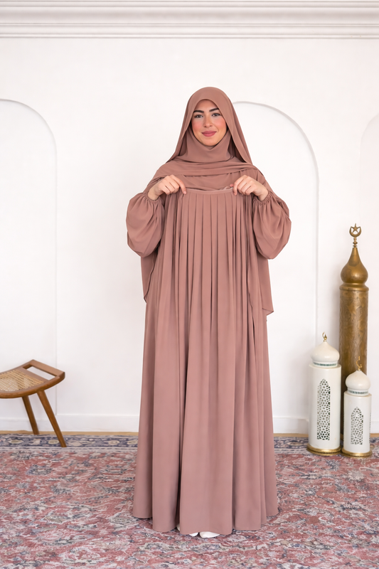Elegant Pleated Front Abaya with Matching Khimar | Premium Modest Wear