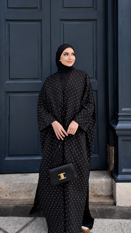 Premium Black Polka Dot Shrug Abaya 3-Piece Set – Flowy Open Front Shrug, Inner Dress & Matching Hijab