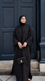 Premium Black Polka Dot Shrug Abaya 3-Piece Set – Flowy Open Front Shrug, Inner Dress & Matching Hijab