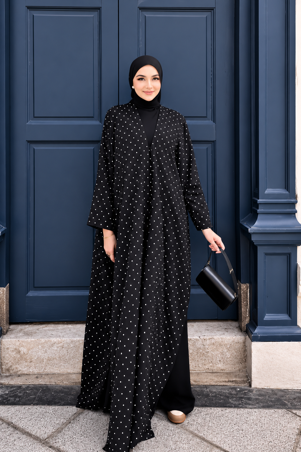 Premium Black Polka Dot Shrug Abaya 3-Piece Set – Flowy Open Front Shrug, Inner Dress & Matching Hijab