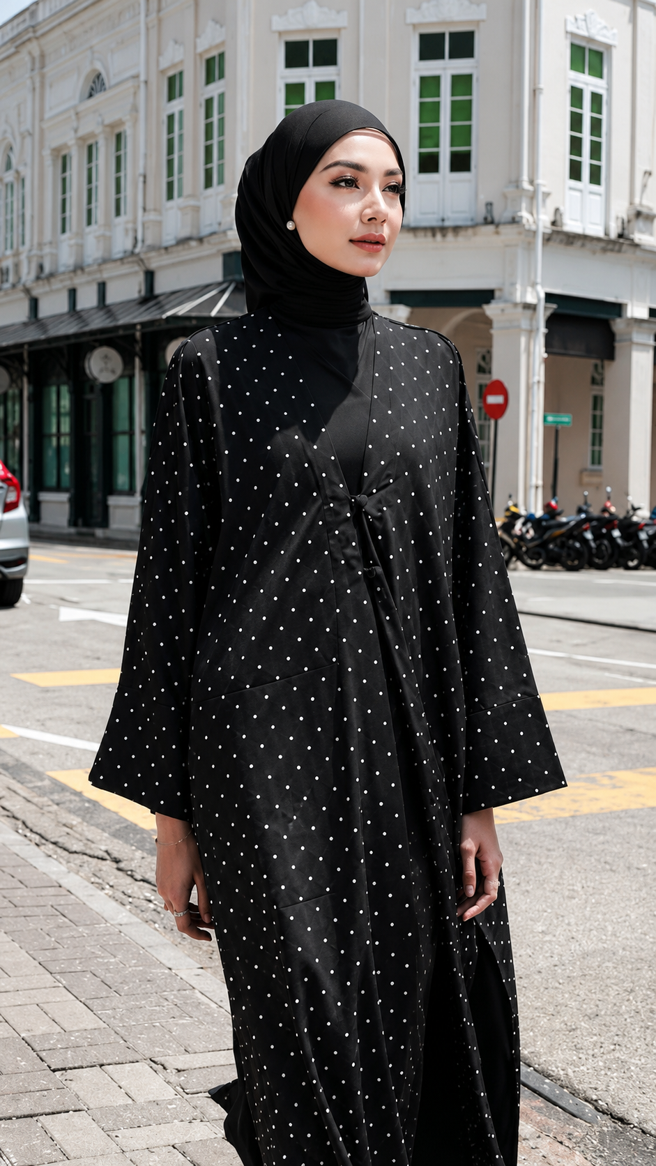 Premium Black Polka Dot Shrug Abaya 3-Piece Set – Flowy Open Front Shrug, Inner Dress & Matching Hijab
