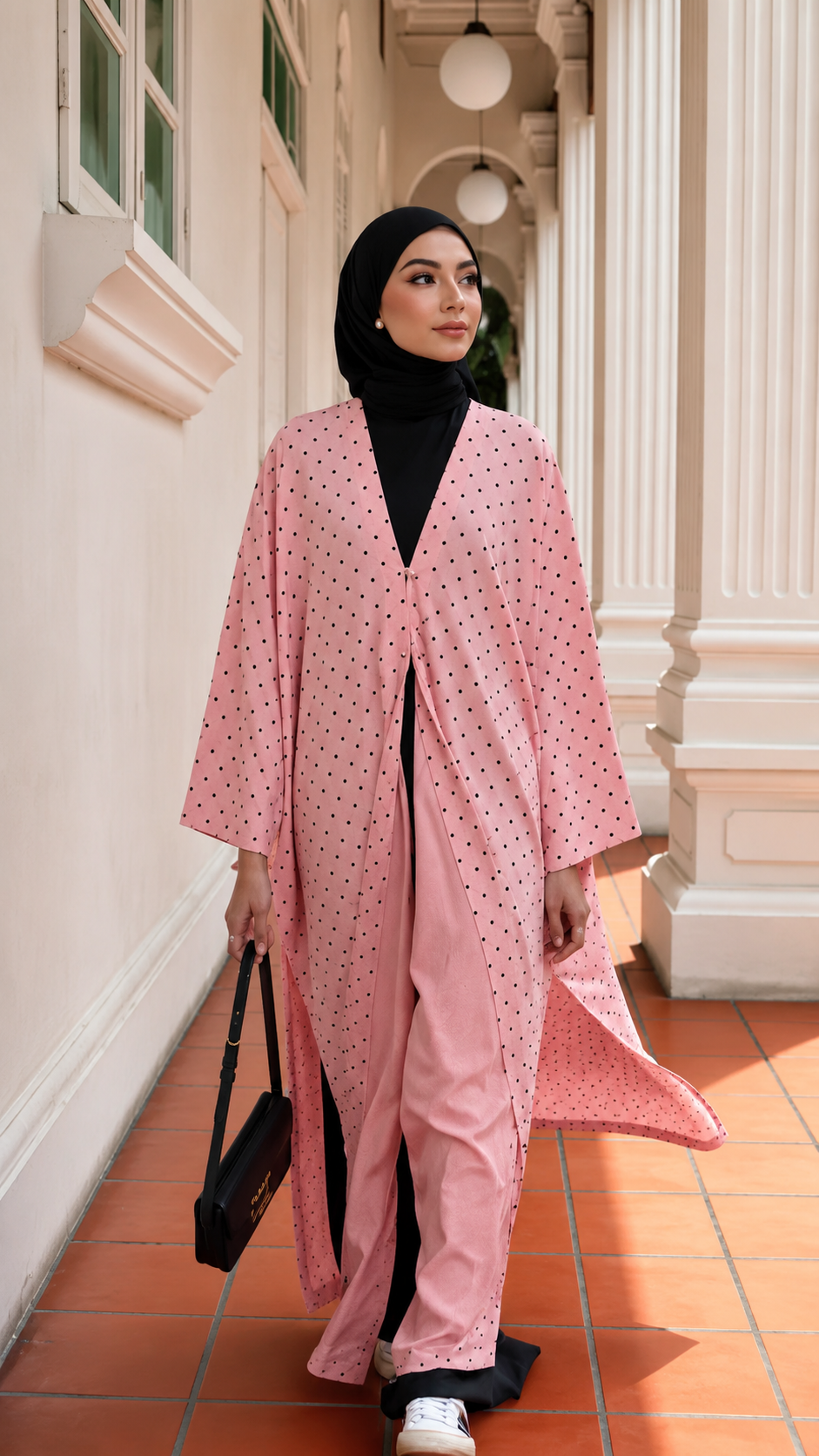 Premium Black Polka Dot Shrug Abaya 3-Piece Set – Flowy Open Front Shrug, Inner Dress & Matching Hijab