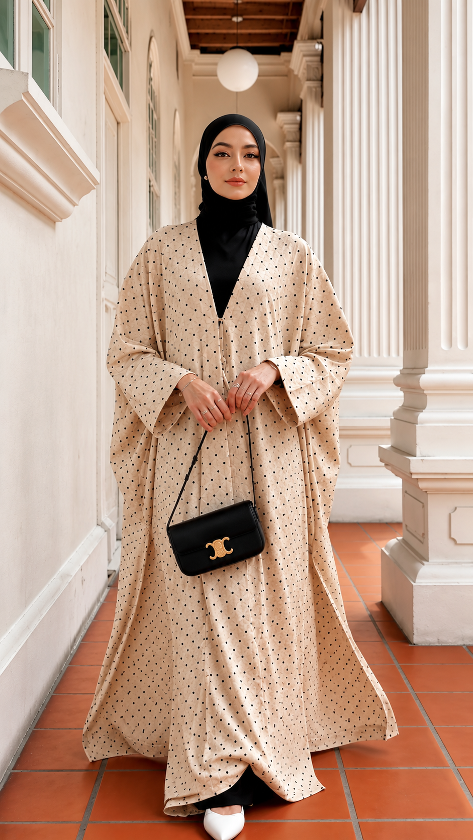 Premium Black Polka Dot Shrug Abaya 3-Piece Set – Flowy Open Front Shrug, Inner Dress & Matching Hijab