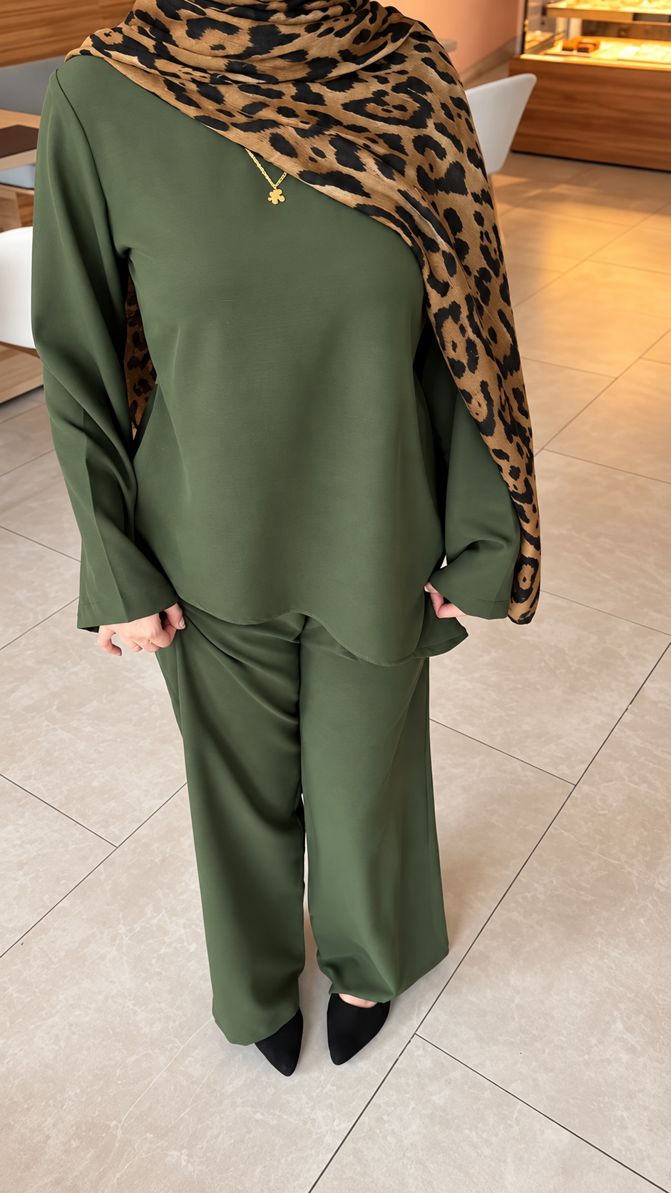 Premium Olive Green Co-Ord Set Abaya – Relaxed Top & Wide-Leg Bottom