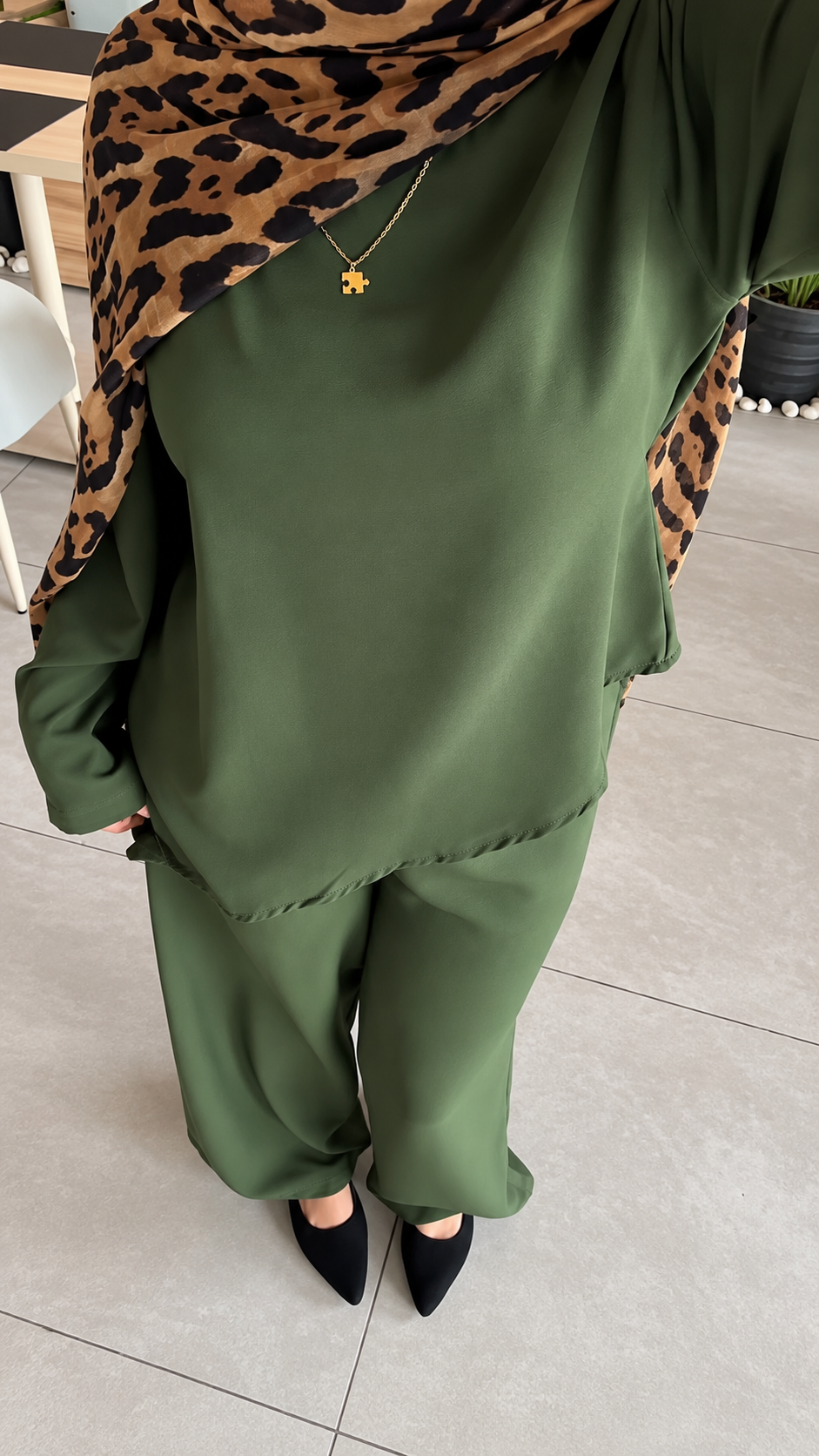 Premium Olive Green Co-Ord Set Abaya – Relaxed Top & Wide-Leg Bottom
