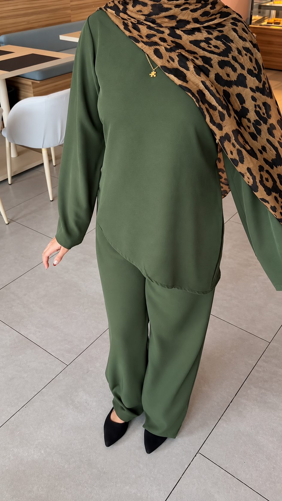 Premium Olive Green Co-Ord Set Abaya – Relaxed Top & Wide-Leg Bottom