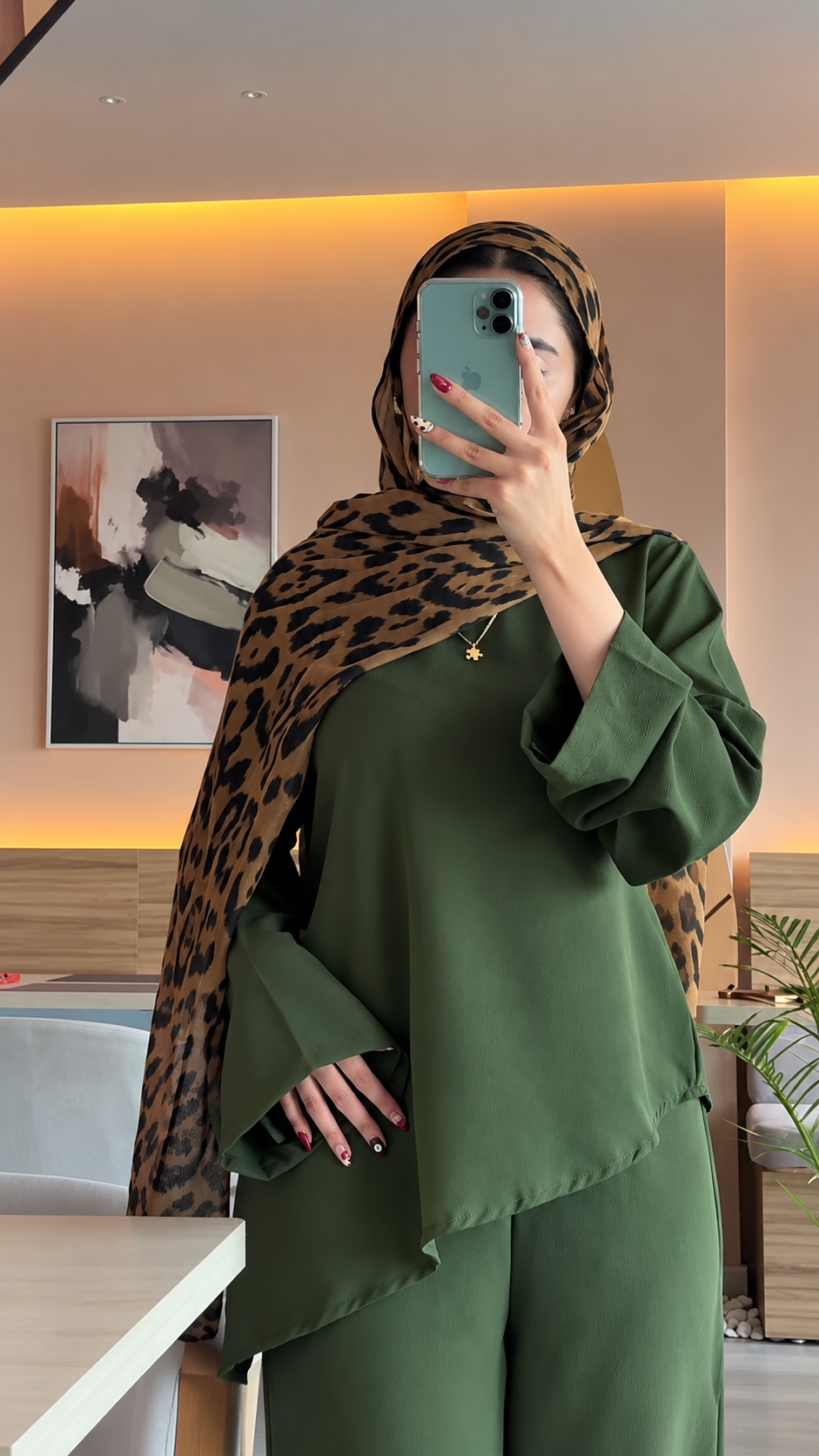 Premium Olive Green Co-Ord Set Abaya – Relaxed Top & Wide-Leg Bottom