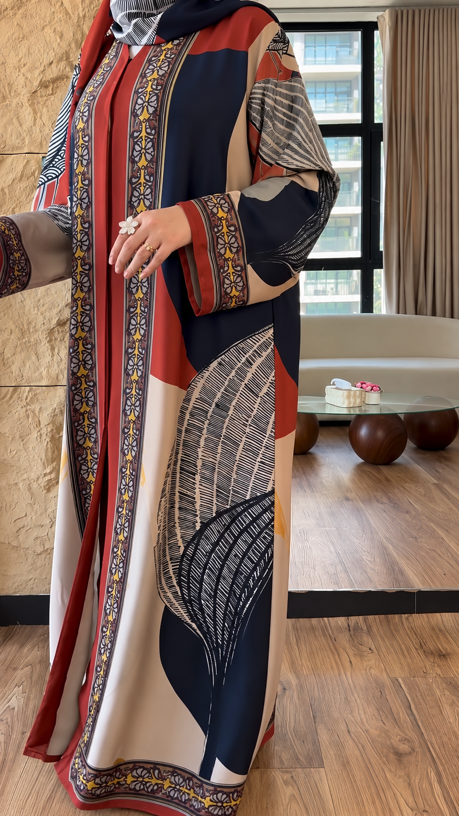 Premium Multicolor Border Print Abaya with Matching Hijab