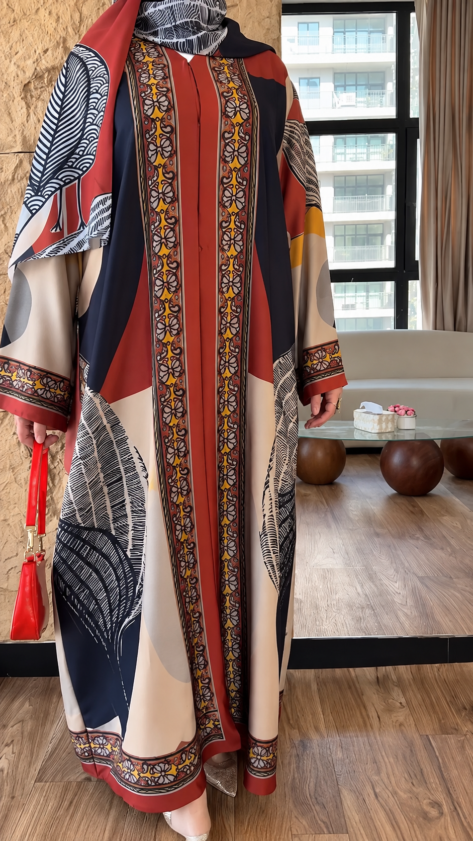 Premium Multicolor Border Print Abaya with Matching Hijab