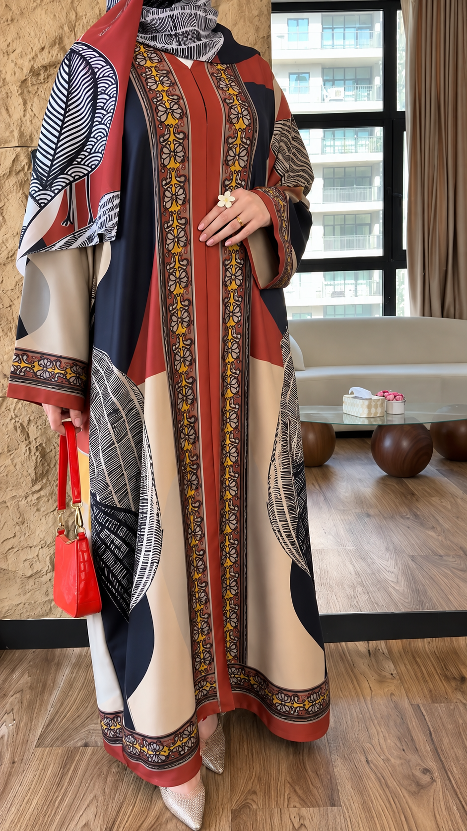 Premium Multicolor Border Print Abaya with Matching Hijab