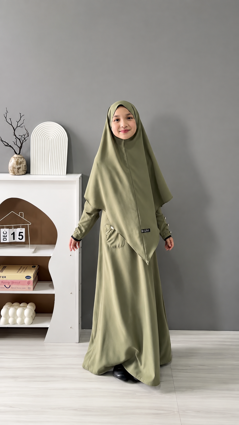 Premium Kids Abaya with Matching Long Hijab – Button Detail 2-Piece Set