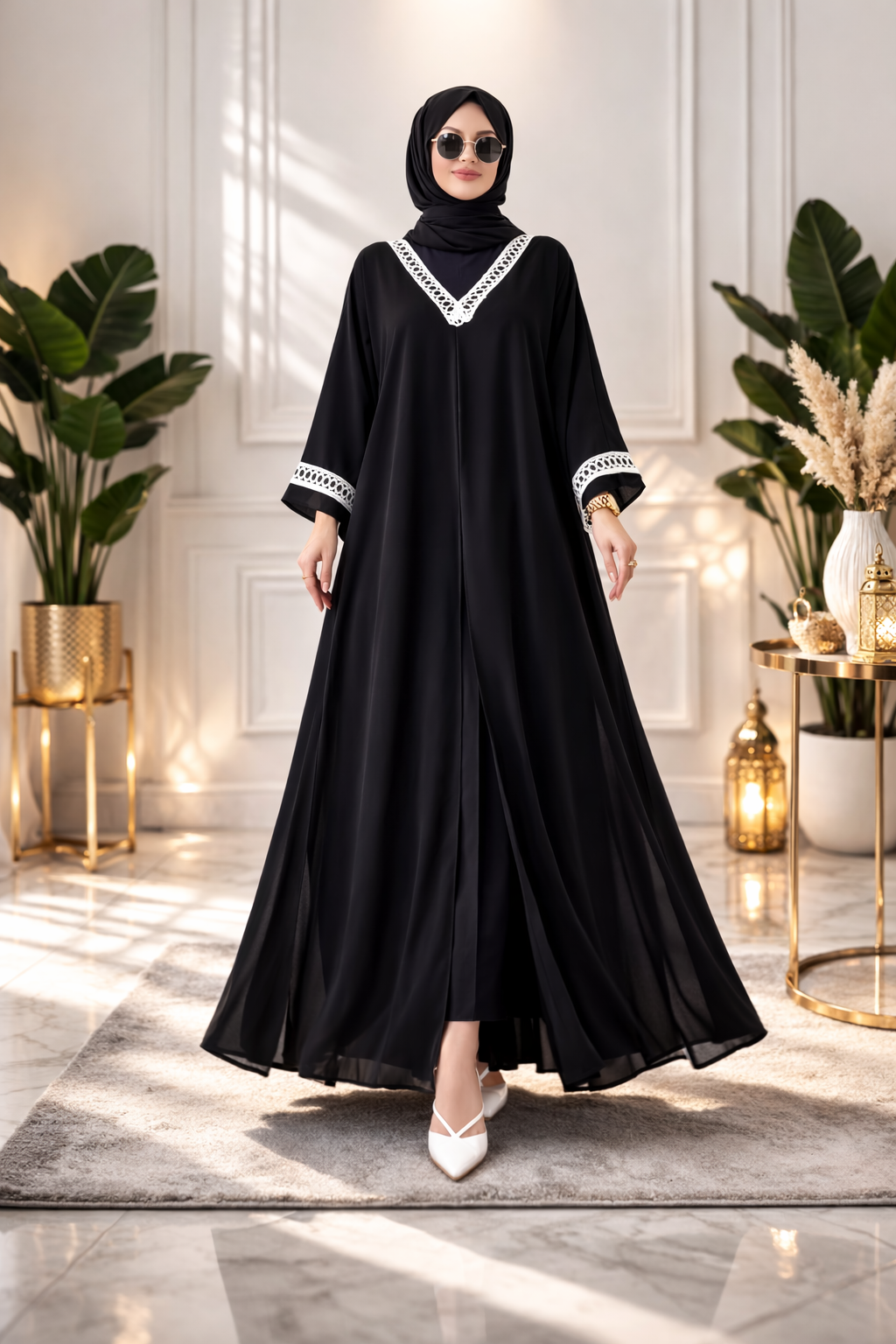 Elegant Black Butterfly Abaya with White Lace Detailing | Premium Modest Wear