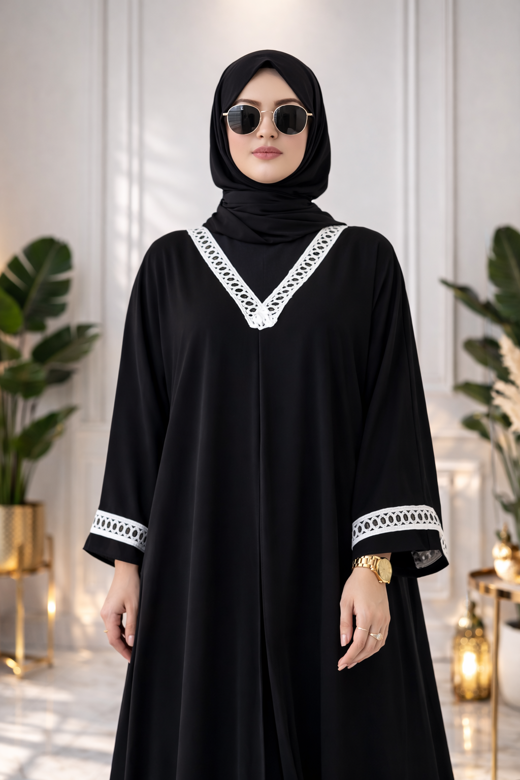 Elegant Black Butterfly Abaya with White Lace Detailing | Premium Modest Wear