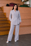 Premium Grey Wrap Co-Ord Set for Women – Elegant Long Sleeve Top with Wide-Leg Pants