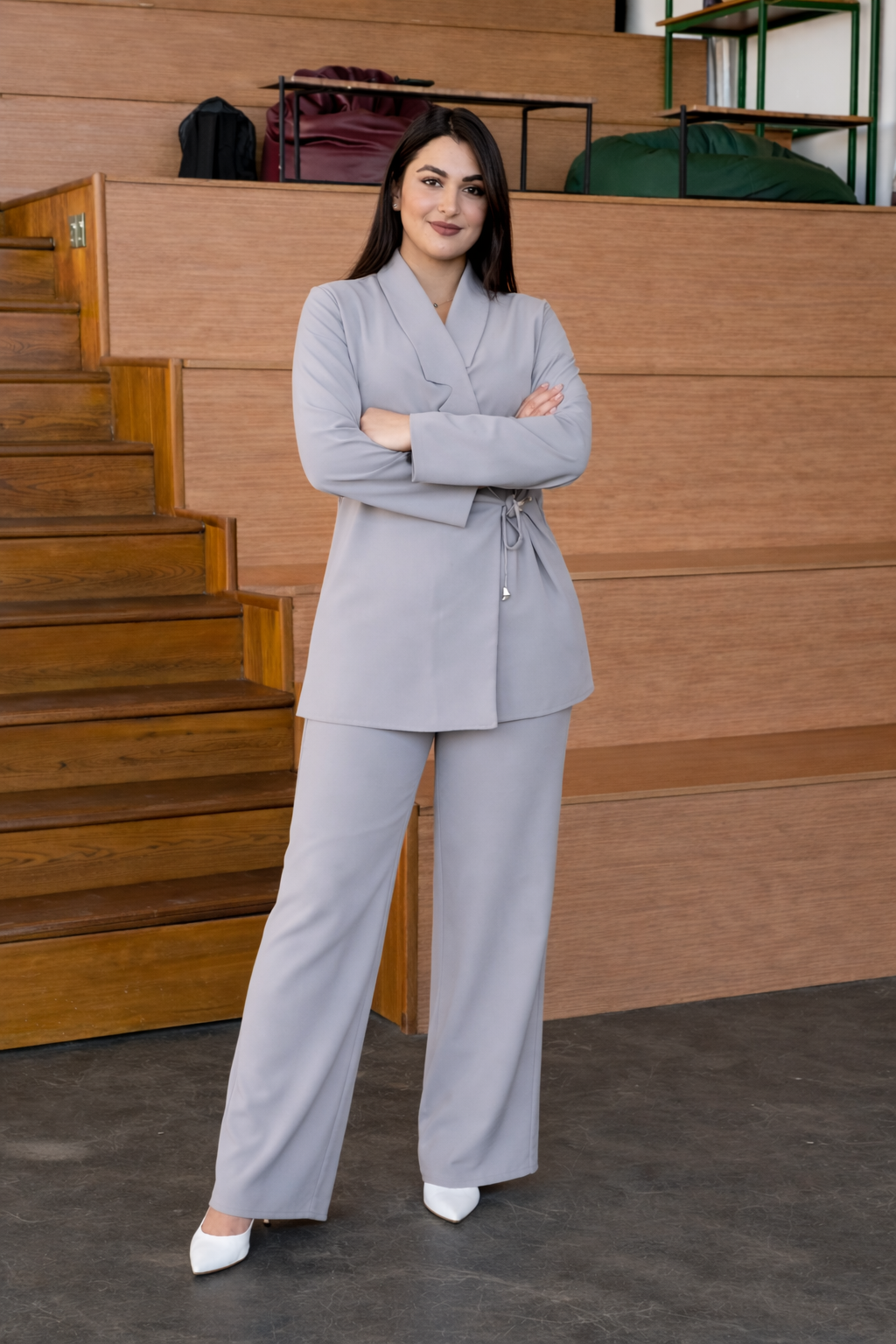 Premium Grey Wrap Co-Ord Set for Women – Elegant Long Sleeve Top with Wide-Leg Pants