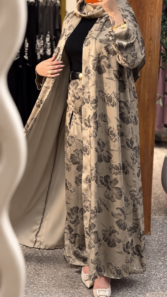 Premium Grey Floral Printed Shrug Set with Matching Pants & Hijab