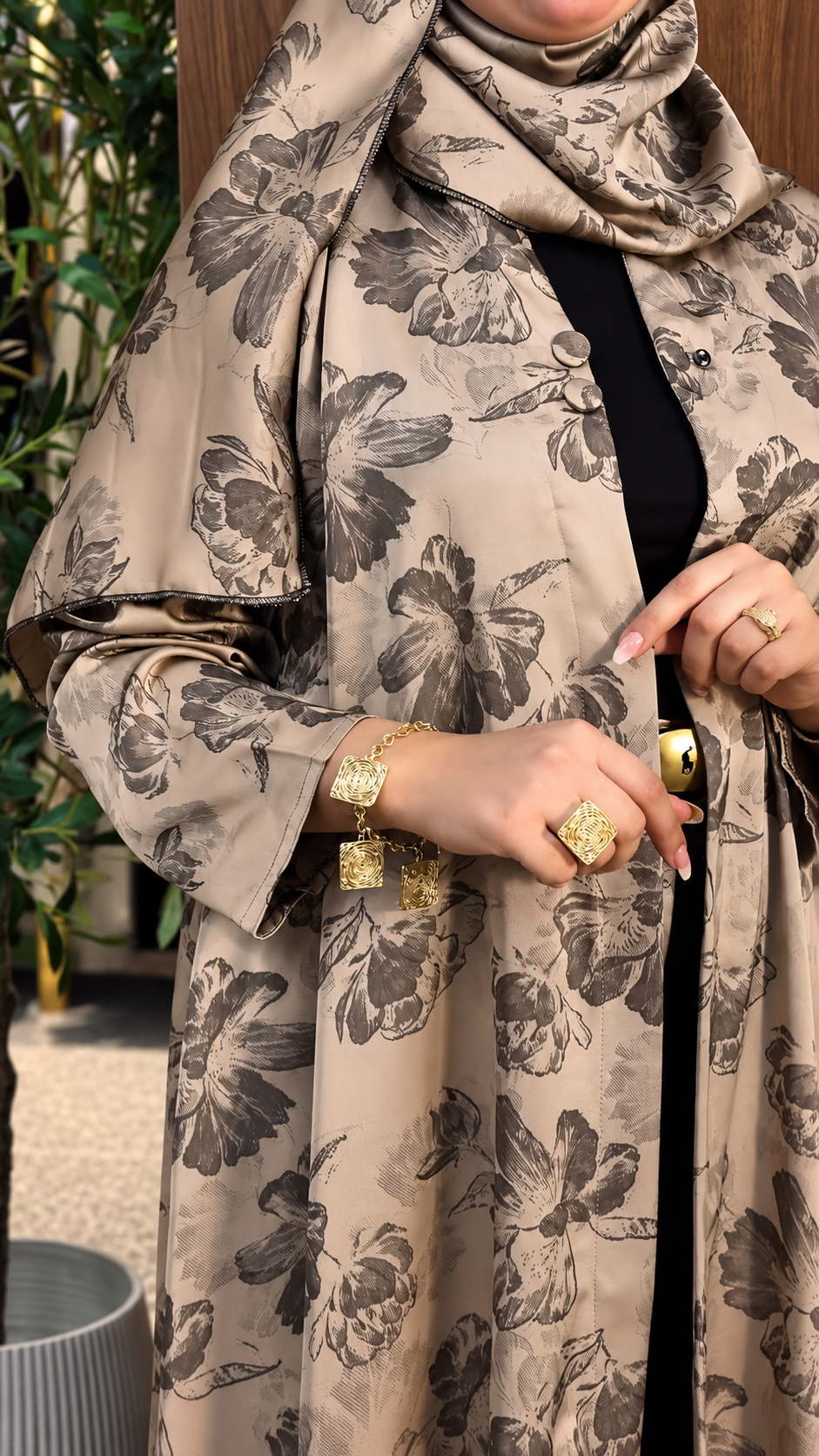 Premium Grey Floral Printed Shrug Set with Matching Pants & Hijab