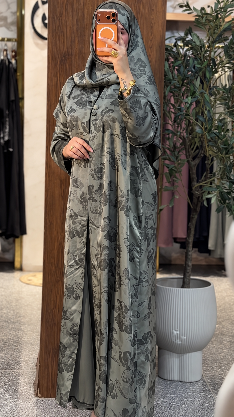 Premium Grey Floral Printed Shrug Set with Matching Pants & Hijab