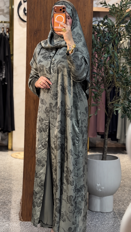Premium Grey Floral Printed Shrug Set with Matching Pants & Hijab