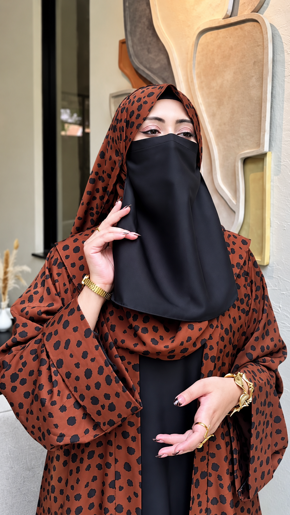 Premium Rust Brown Spotted Print Abaya with Matching Hijab
