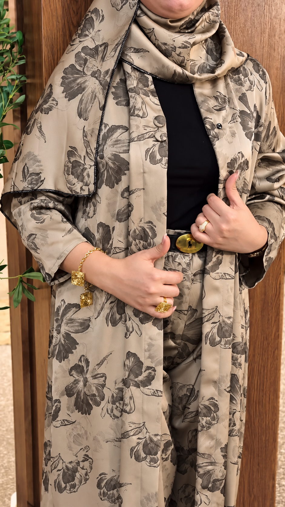 Premium Grey Floral Printed Shrug Set with Matching Pants & Hijab