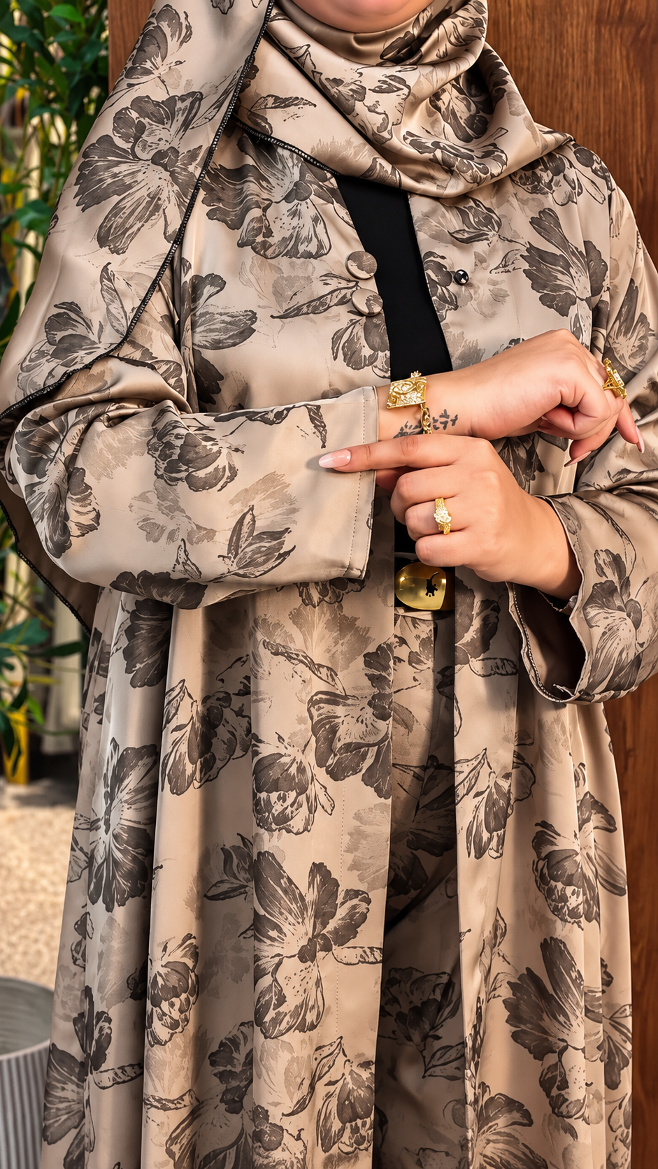 Premium Grey Floral Printed Shrug Set with Matching Pants & Hijab