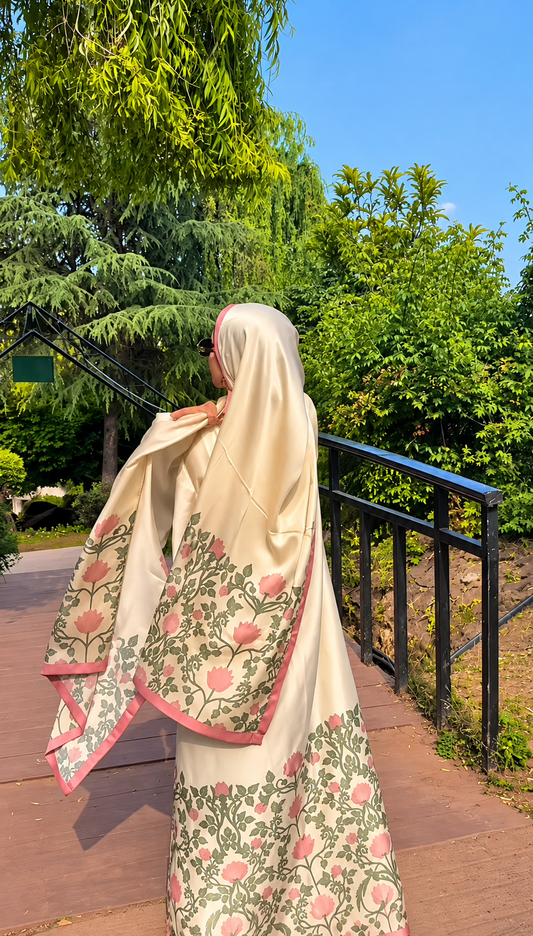 Premium Floral Border Printed Prayer Dress with Attached Hijab