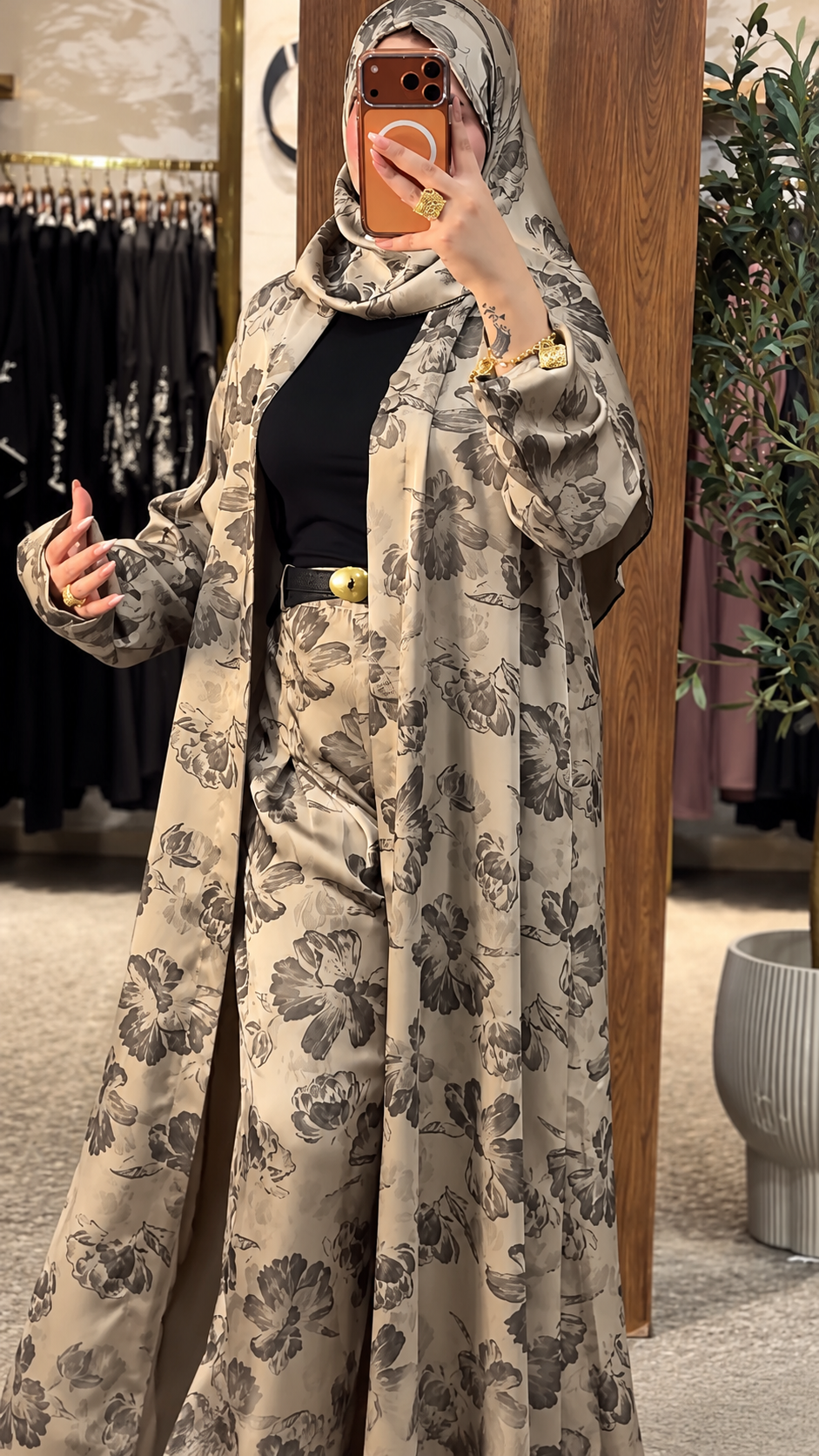 Premium Grey Floral Printed Shrug Set with Matching Pants & Hijab