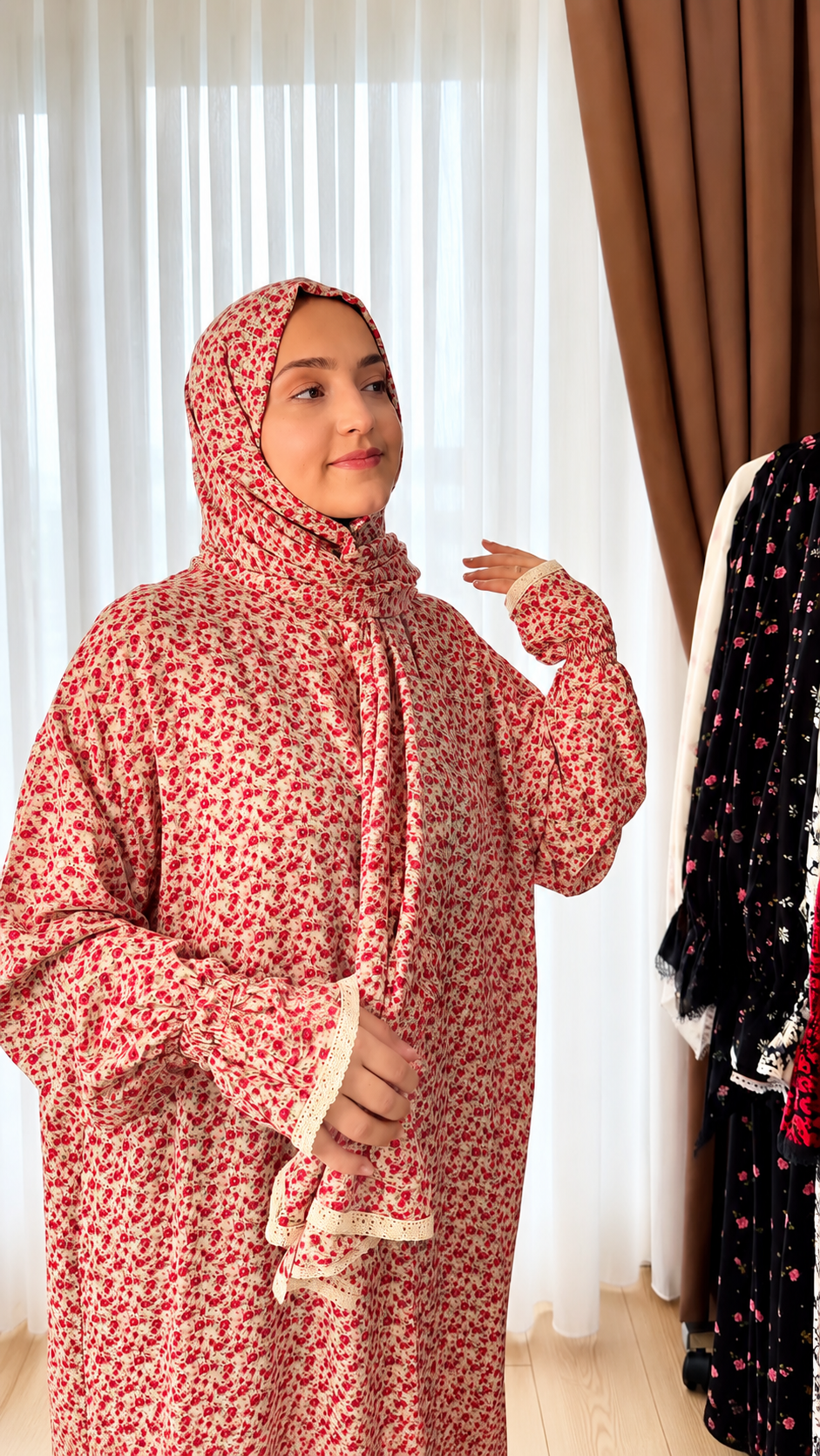 Premium Floral Printed Prayer Dress with Attached Hijab