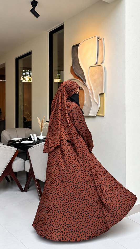 Premium Rust Brown Spotted Print Abaya with Matching Hijab
